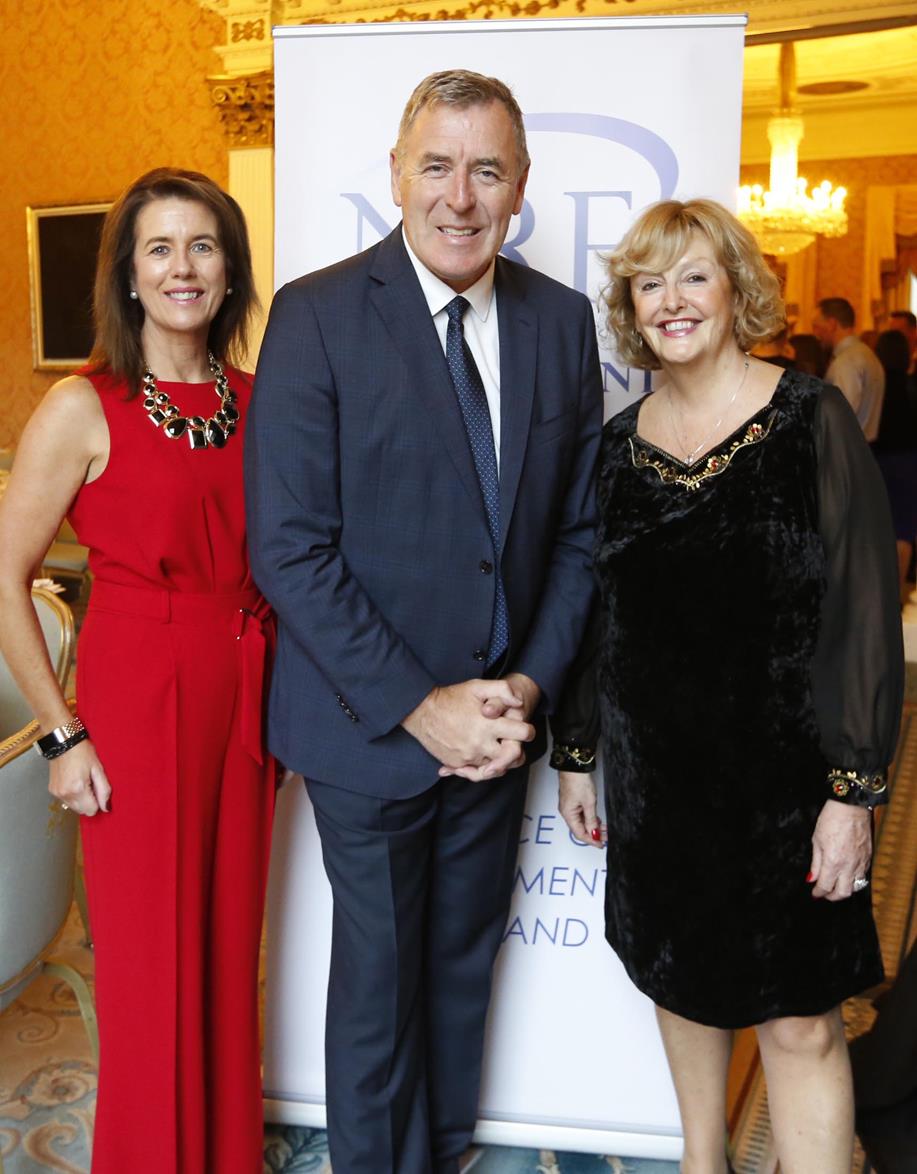 NO REPRO FEE 26/09/2018 National Recruitment Federation Fellowship event. Pictured are (LtoR) Geraldine King, Packie Bonner and Barbara McGrath at the National Recruitment Federation Fellowship event in The Shelbourne Hotel. Photo: Sasko Lazarov/Photocall Ireland
