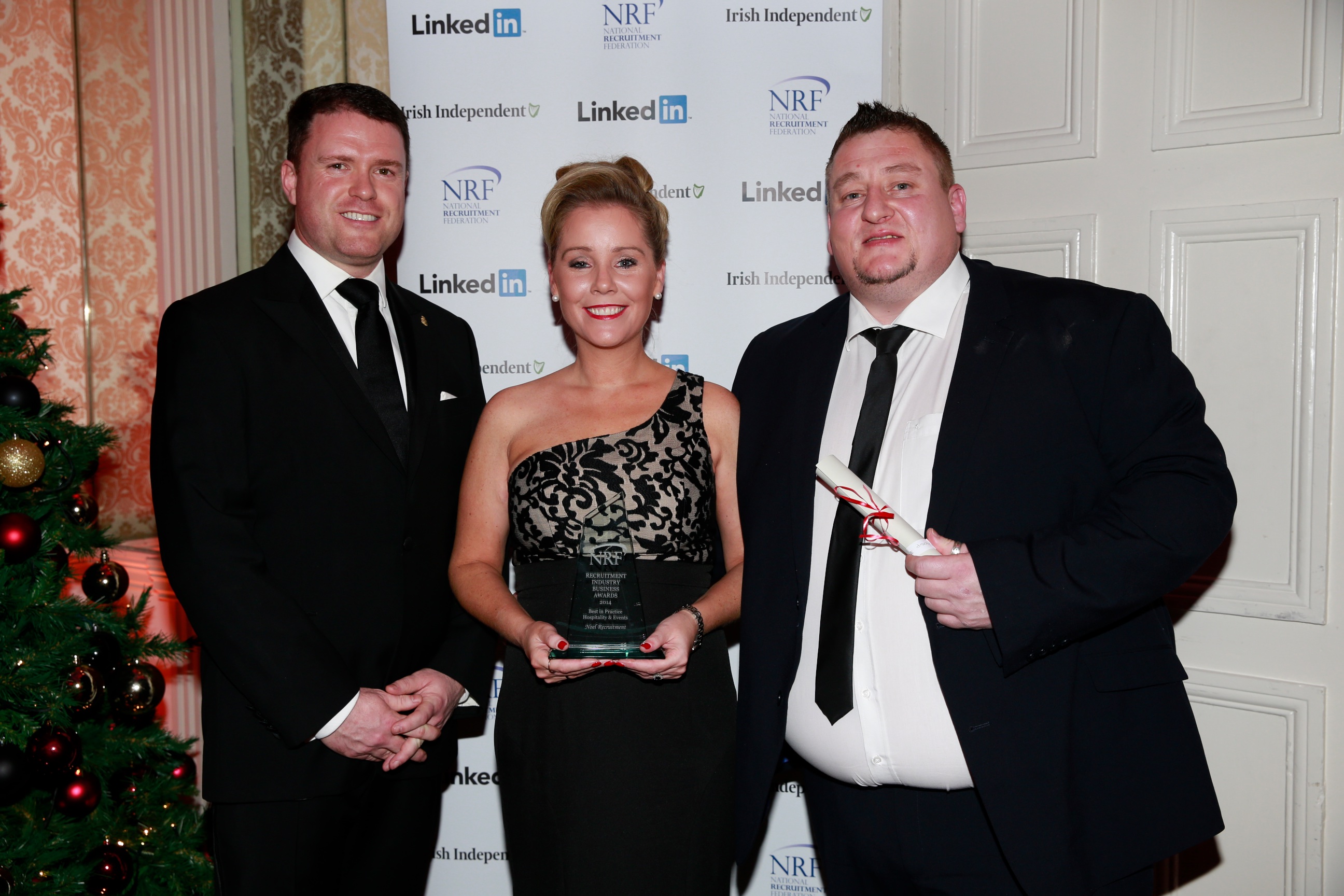 Sponsor Alan O' Mahony  GM of the Shelbourne Hotel presents the best in Hospitality and Events award to winners Jenny Maher and Gerry O'Sullivan from Noel Recruitment