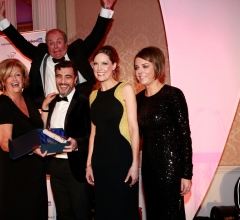 Gavin Duffy MC bombs the photo NRF President Barbara McGrath presents Barry Practor Paula McDonnel and Helen Schofield from TTM with the Best in Healthcare award