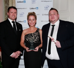 Sponsor Alan O' Mahony  GM of the Shelbourne Hotel presents the best in Hospitality and Events award to winners Jenny Maher and Gerry O'Sullivan from Noel Recruitment